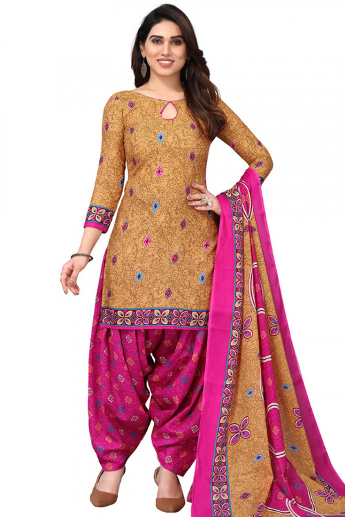 Cotton Light Brown Printed Casual Wear Patiala Suit