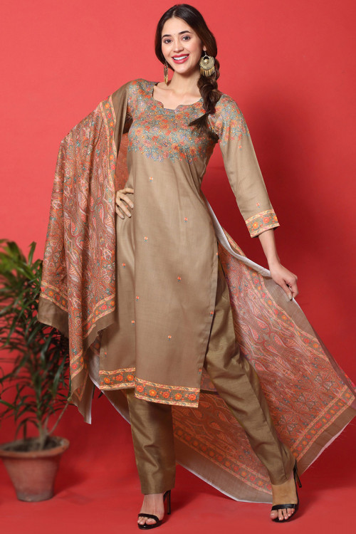 Cotton Light Brown Printed Casual Wear Trouser Suit