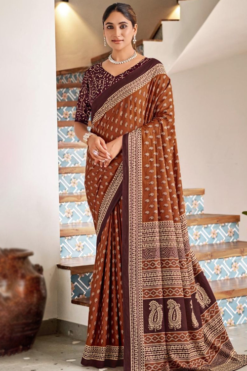 Cotton Light Brown Printed Light Weight Saree 