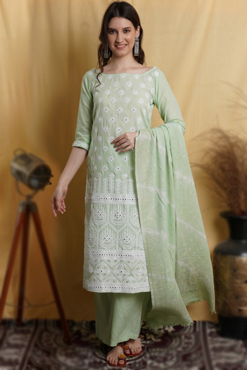 Cotton Light Green Embroidered Straight Cut Palazzo Suit