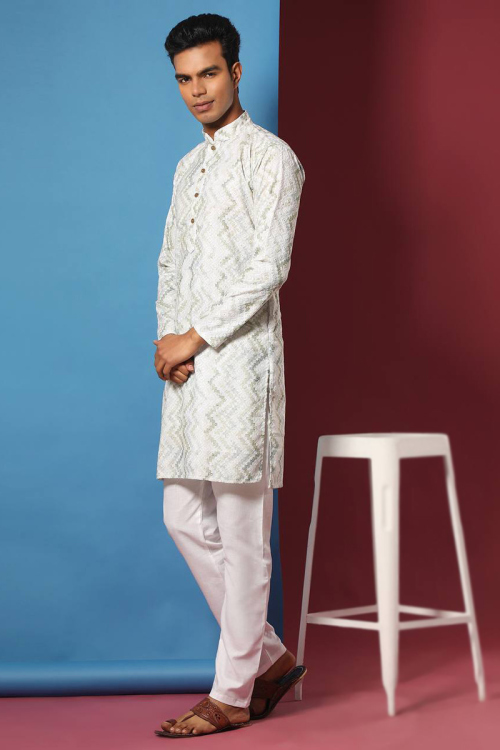 Cotton Light Grey Men's Straight Cut Kurta 