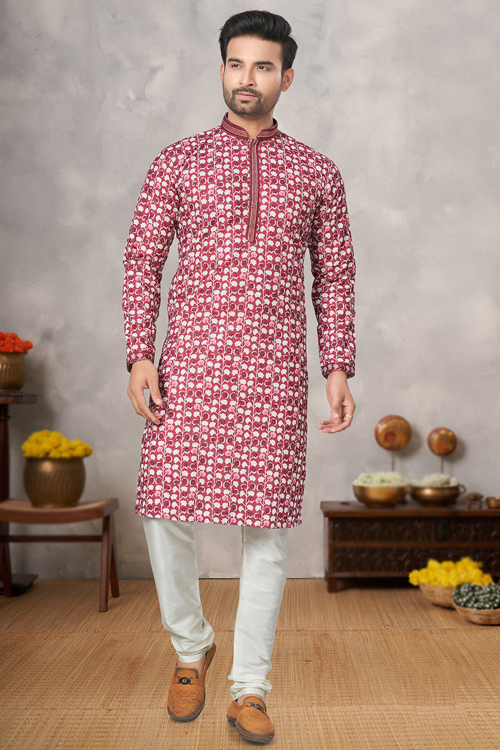 Cotton Light Maroon Printed Straight Cut Men's Kurta Churidar 