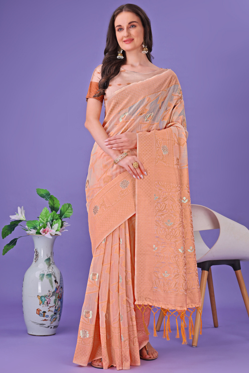 Cotton Light Orange Saree With Weaved Work For Casual Wear