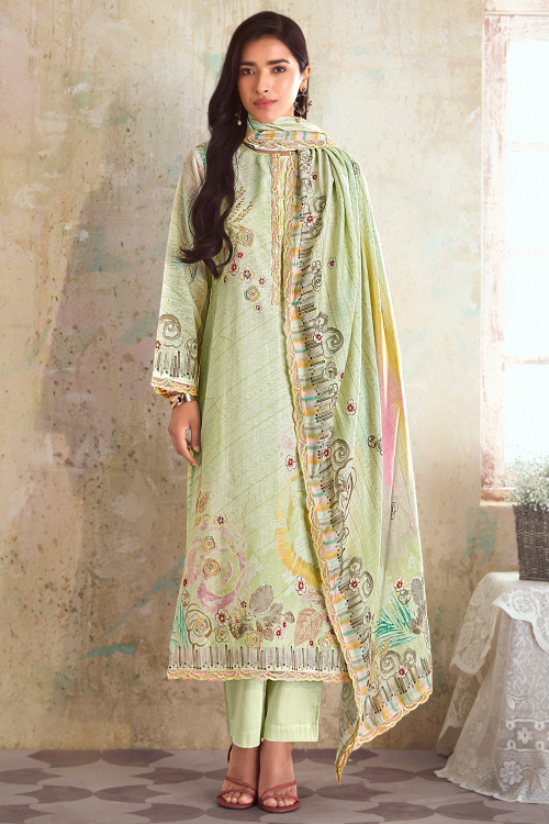Cotton Light Pistachio Green Printed Straight Cut Trouser Suit