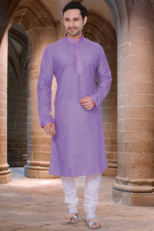 Cotton light purple Lace Embroidered Men's Kurta Churidar 