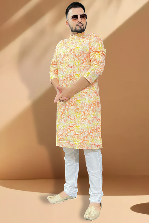 Cotton Light Yellow Printed Straight Cut Men's Kurta Churidar