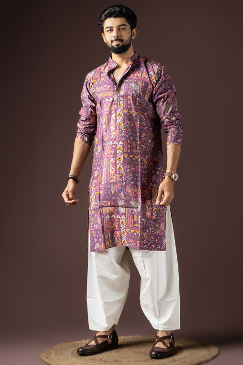 Cotton lilac Purple Men's Kurta Pajama With Printed Work