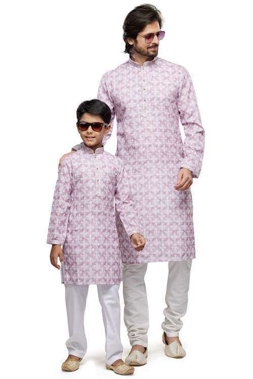 Cotton Mauve Pink Printed Father Son Duo Kurta With Churidar