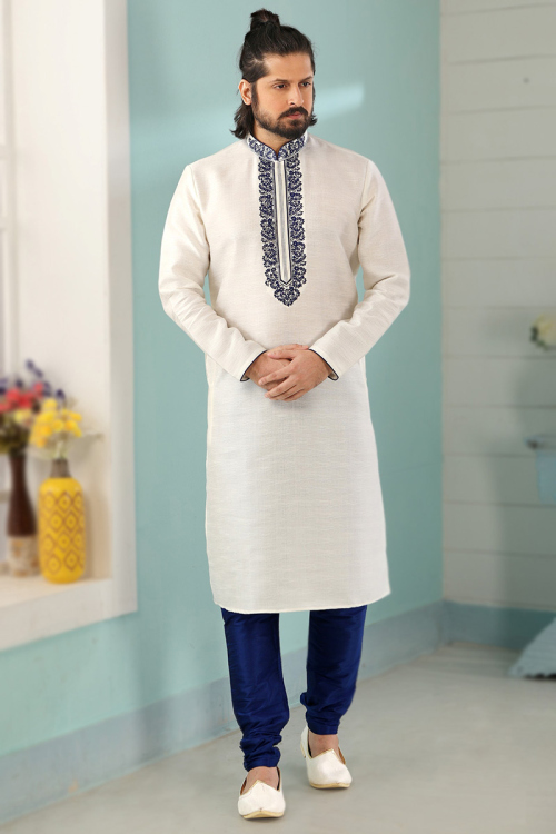Cotton Men's Kurta Churidar in Off White With Thread Work