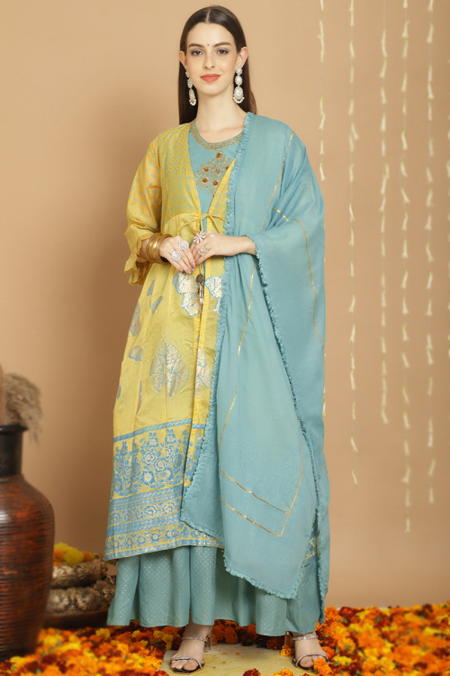 Cotton Mint Blue Embroidered Anarkali Style Suit