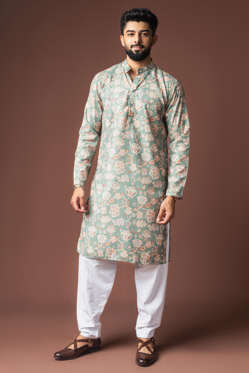 Cotton Mint Blue Printed Straight Cut Men's Kurta Pajama