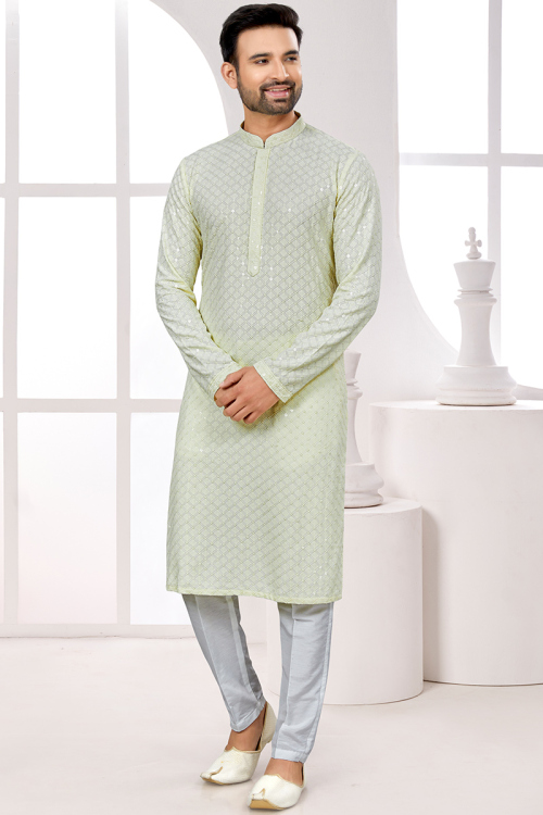 Cotton Mint Green Embroidered Men's Kurta Pajama