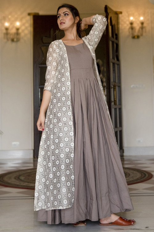 Buy Jacket Style Beige Printed Indian Gowns Online for Women in USA