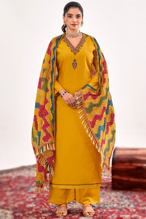 Cotton Mustard Yellow Embroidered Casual Wear Palazzo Suit