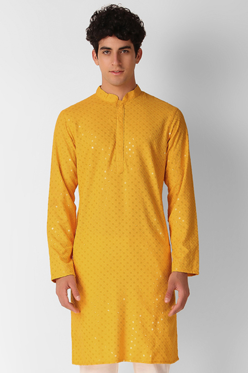 Cotton Mustard Yellow Embroidered Straight Cut Men's Kurta