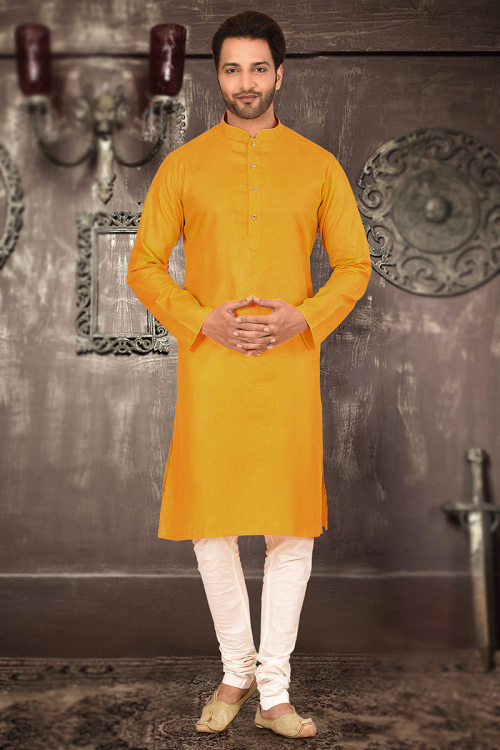 Mustard Yellow Plain Sangeet Men Kurta Pajama in Cotton