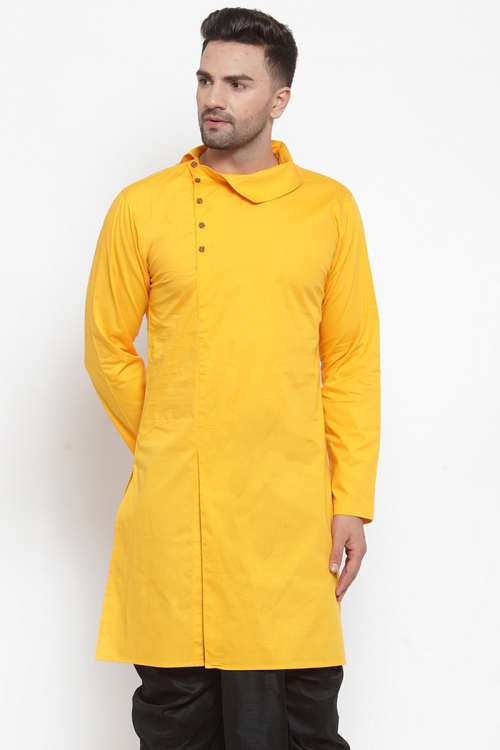 Cotton Mustard Yellow Plain Angrakha Men's Kurta 