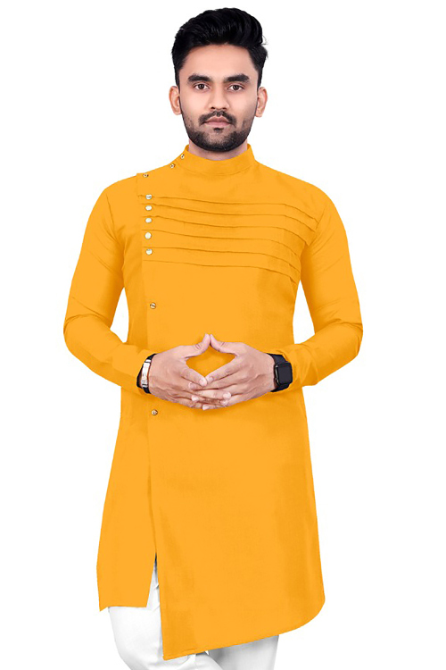 Cotton Mustard Yellow Plain Assymetrical Men's Kurta