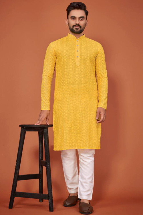 Cotton Mustard Yellow Straight Cut Men's Kurta 