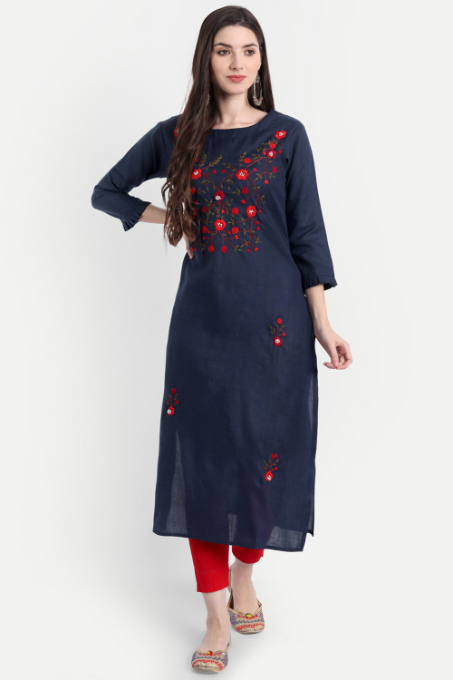 Cotton Navy Blue Embroidered Casual Wear Ready Made Kurti