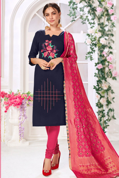 Cotton Navy Blue Embroidered Straight Cut Churidar Suit