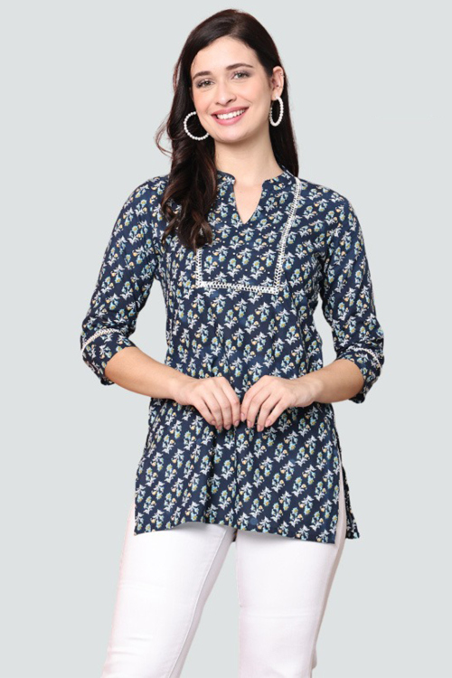 Cotton Navy Blue Kurti with Printed Work for New Year