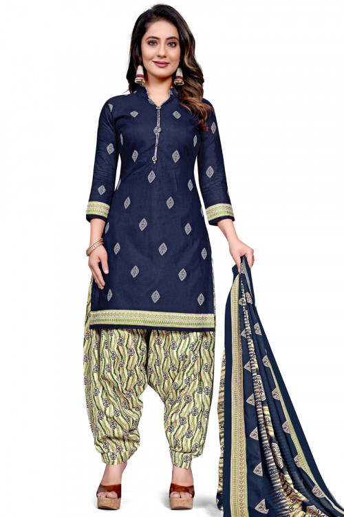 Cotton Navy Blue Printed Casual Wear Patiala Suit
