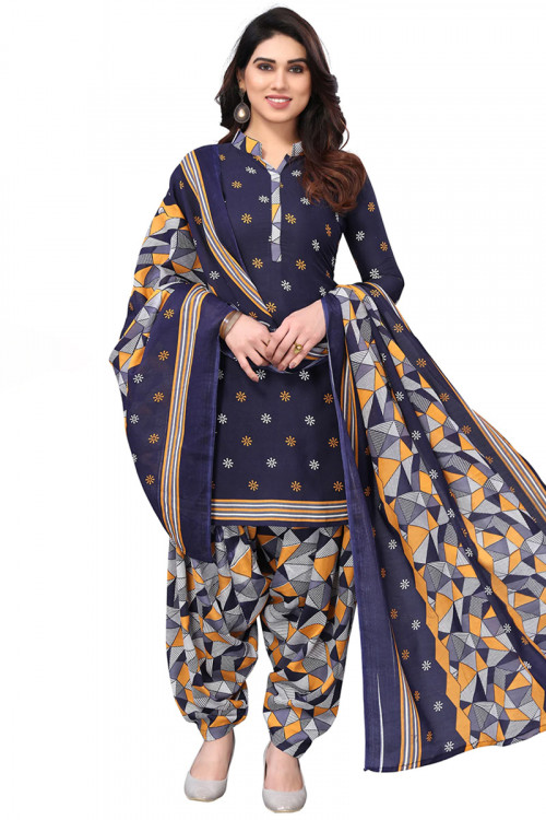 Cotton Navy Blue Printed Casual Wear Patiala Suit