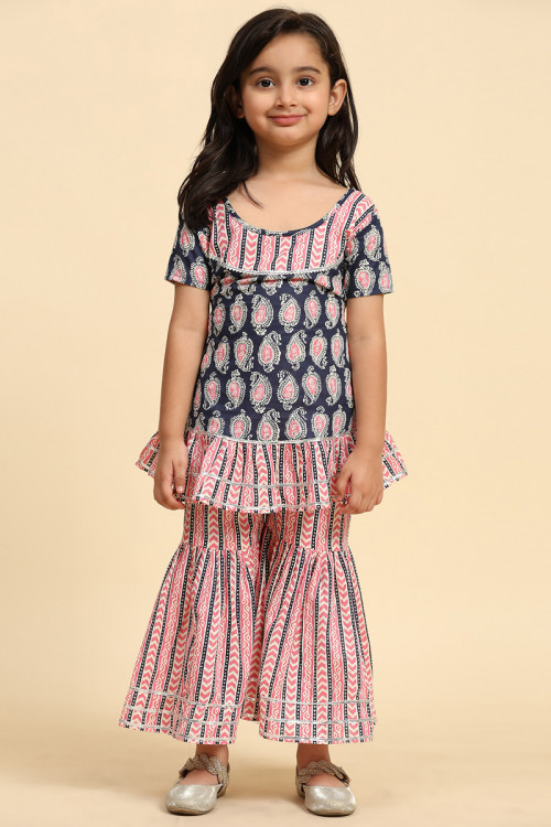 Cotton Navy Blue Printed Girl's Sharara Suit