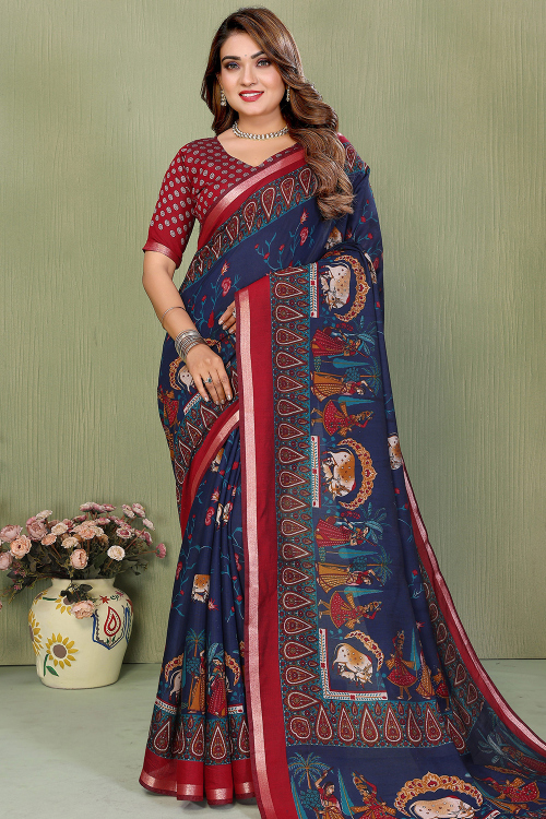 Cotton Navy Blue Saree With Printed Work for Festival