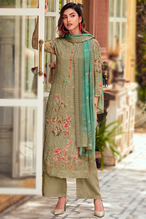 Cotton Oat Beige Printed Straight Cut Palazzo Suit 
