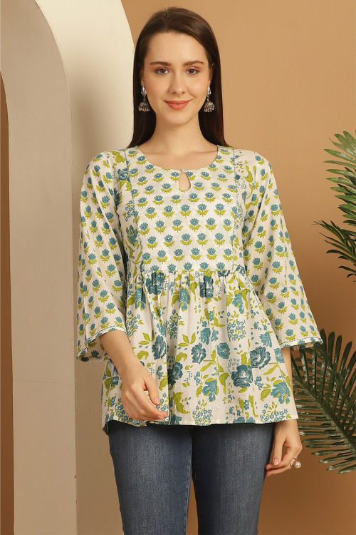 Cotton Off White Frock Style Kurti With Printed Work
