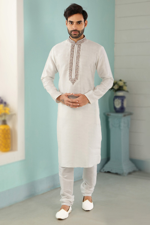 Cotton Off White Men's Kurta Churidar With Dori 