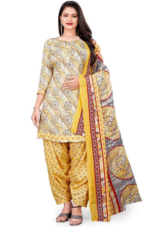 Cotton Off White Printed Casual Wear Patiala Suit