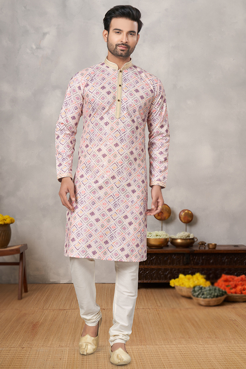 Cotton Ivory Printed Straight Cut Men's Kurta Churidar 