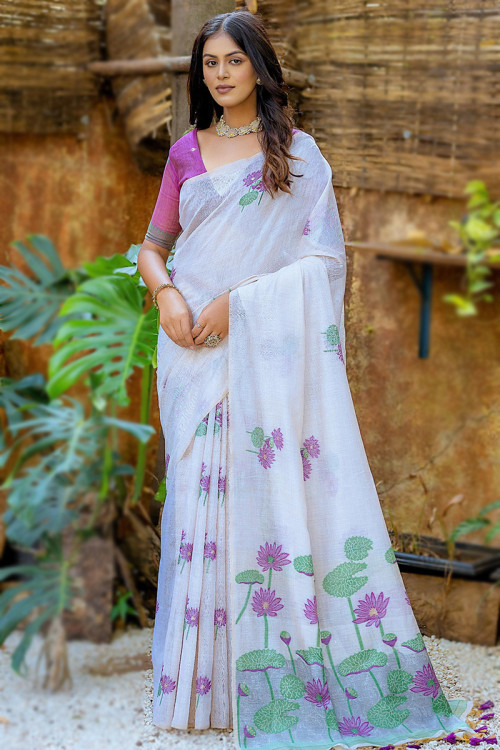 Cotton Off White Weaved Thread Casual Wear Saree