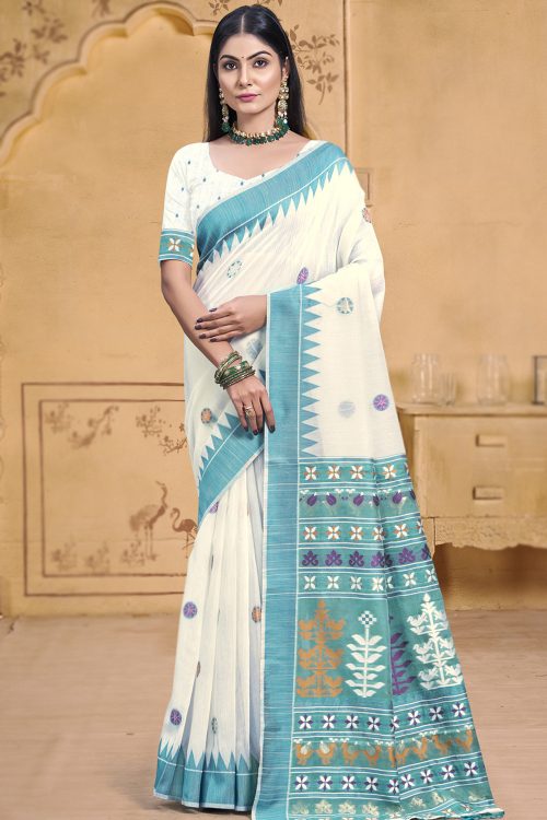 Cotton Off White Weaved Zari Thread Work Light Weight Saree