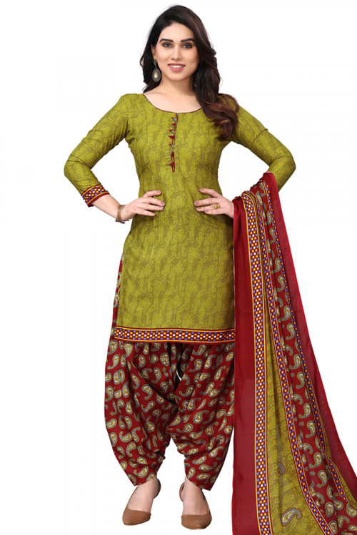 Cotton Olive Green Printed Casual Wear Patiala Suit