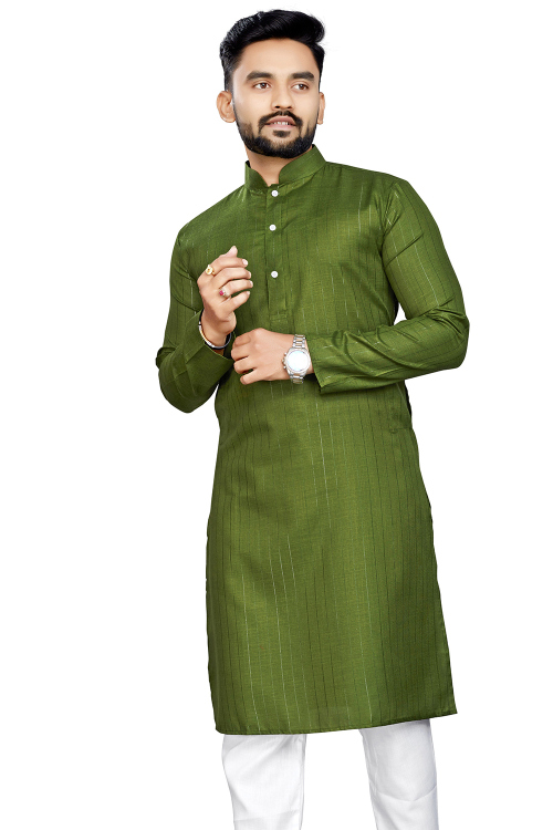 Cotton Olive Green Weaved Lurex Thread Straight Cut Men's Kurta 