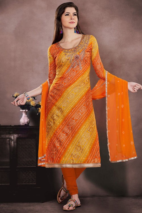 Cotton Orange Printed Churidar Suit