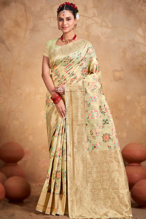 Cotton Pale Yellow Printed Casual Wear Saree 