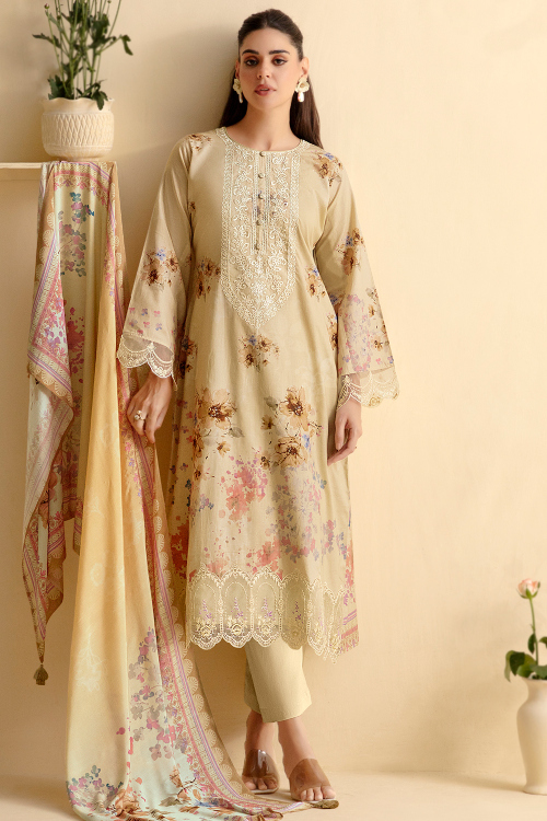 Cotton Pale Yellow Printed Straight Cut Trouser Suit 