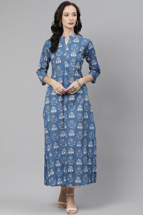Cotton Pastel Dark Blue Printed Casual Wear Kurti