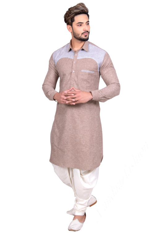 Cotton Men's Dhoti Kurta In Khaki Colour
