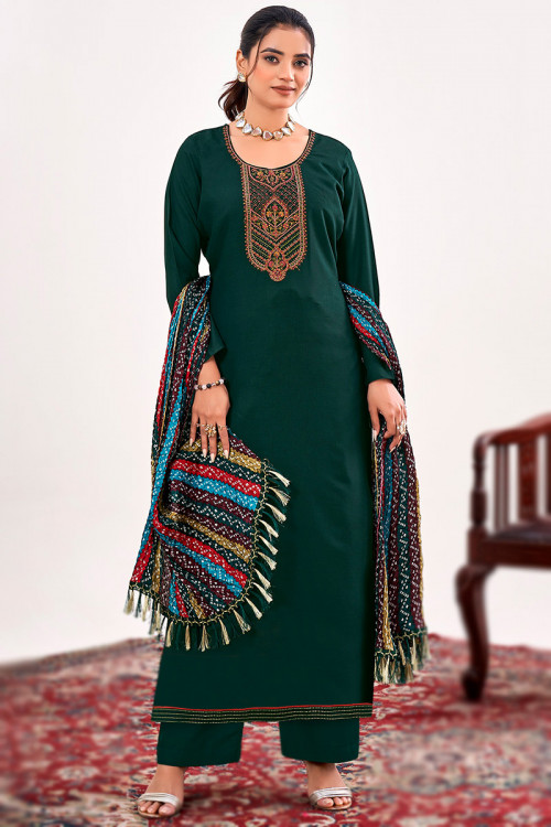Cotton Peacock Green Embroidered Casual Wear Palazzo Suit