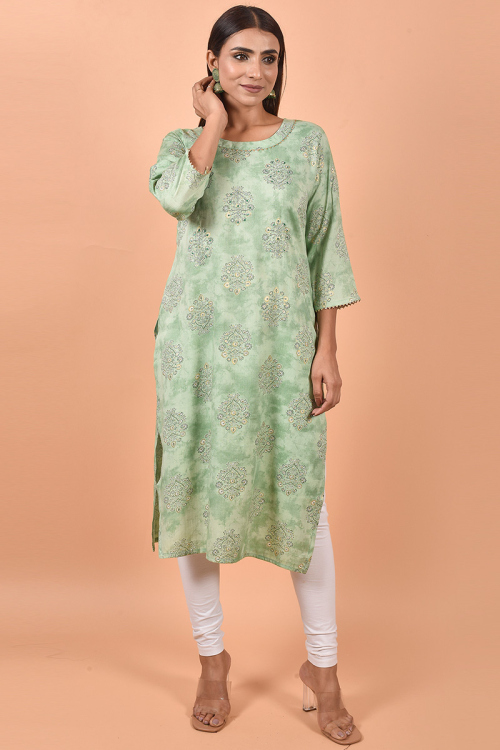 Cotton Pistachio Green Kurti With Printed 