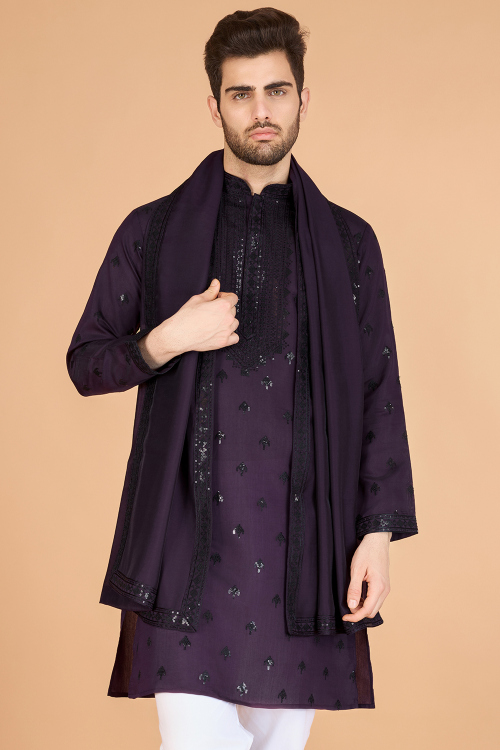 Cotton Plum Purple Men's Kurta With Sequins Work For Festival