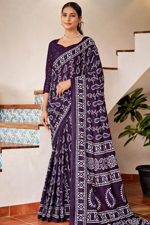 Cotton Plum Purple Printed Light Weight Saree 