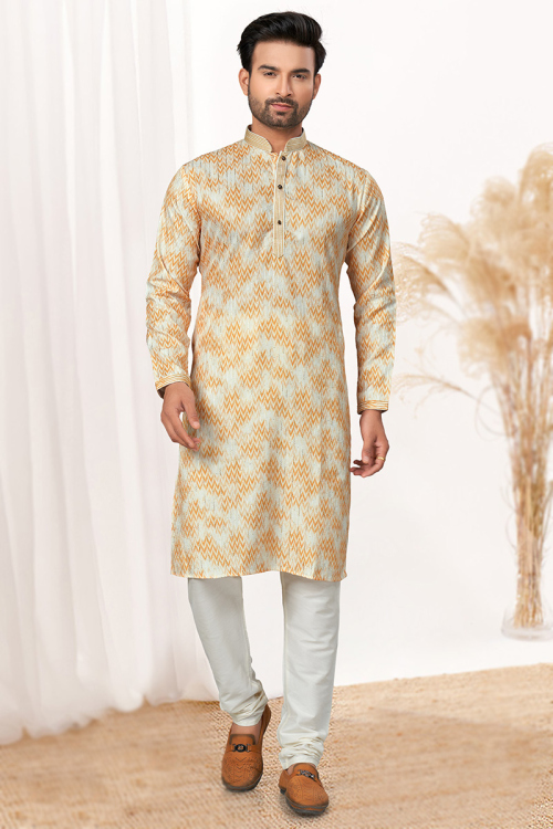 Cotton Powder Blue Side Slit Men's Kurta Pajama With Embroidery
