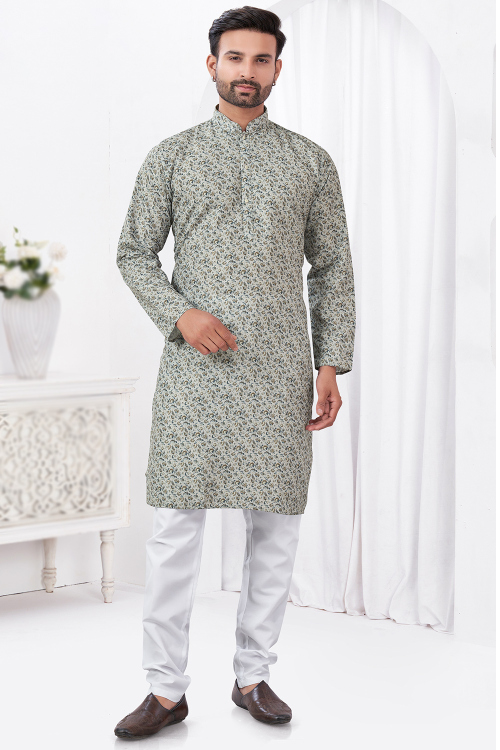 Cotton Printed Ash Grey Printed Casual Wear Men's Kurta Pajama 